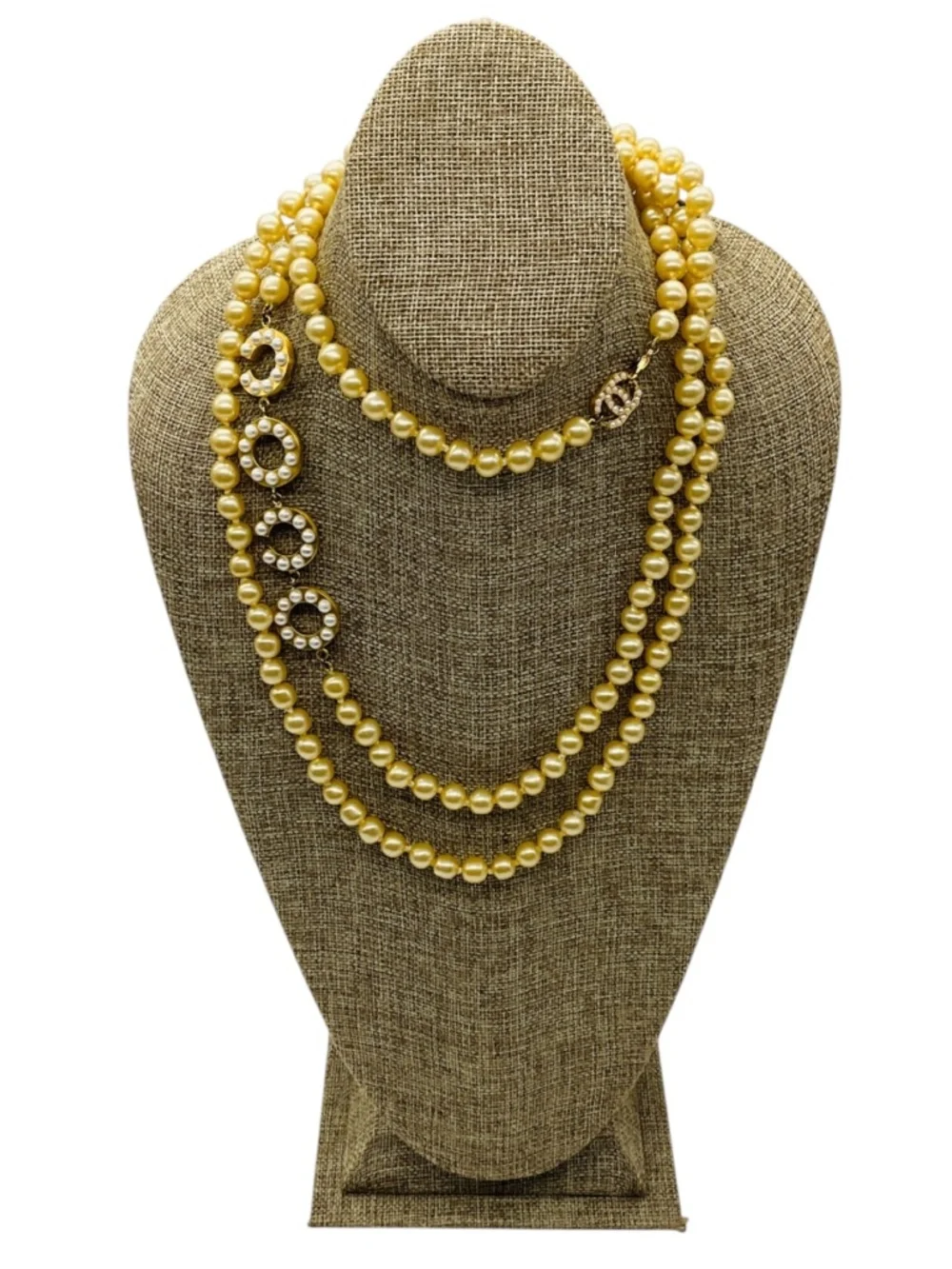 CHANEL VINTAGE 2001 CREAM COCO CC LOGO PEARL LONG STRAND NECKLACE WITH GOLD-TONE